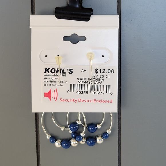 Croft & Barrow Hoop Dangle Earrings Navy Blue Silver Beads 2.04in, Free Gift Bag - Picture 4 of 6